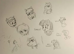 Size: 2791x2070 | Tagged: safe, artist:pony quarantine, derpibooru import, twilight sparkle, oc, earth pony, pony, unicorn, g4, bald, bookhorse, bust, egyptian, eyebrows, eyebrows visible through hair, female, horn, mare, monochrome, open mouth, open smile, pencil drawing, roman, sketch, sketch dump, smiling, traditional art