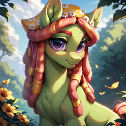 Size: 1024x1024 | Tagged: safe, ai content, derpibooru import, generator:pony diffusion v6 xl, generator:stable diffusion, machine learning generated, tree hugger, earth pony, pony, g4, dreadlocks, forest, nature, outdoors, prompter:teonanakatle, solo, tree