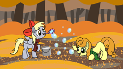 Size: 1920x1080 | Tagged: safe, artist:platinumdrop, derpibooru import, carrot top, derpy hooves, golden harvest, earth pony, pegasus, pony, g4, autumn, blank flank, bow, bubble, bucket, clothes, commission, female, filly, foal, hair bow, happy, mouth hold, playing, scarf, younger