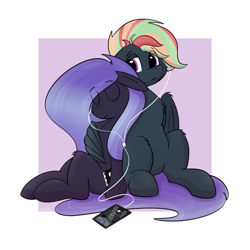 Size: 2689x2689 | Tagged: safe, artist:single purpose, derpibooru import, oc, oc only, oc:kyradeen, oc:treading step, earth pony, pegasus, cellphone, duo, eyes closed, headphones, hug, iphone, listening, listening to music, music, passepartout, phone, sharing, sharing headphones, sitting, smartphone, winghug, wings