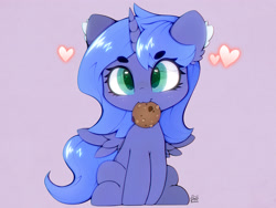 Size: 4000x3000 | Tagged: safe, artist:zokkili, derpibooru import, princess luna, alicorn, pony, g4, :3, cookie, ear fluff, ears, eye clipping through hair, eyebrows, eyebrows visible through hair, female, filly, foal, food, heart, high res, horn, looking at you, mouth hold, signature, sitting, smiling, smiling at you, solo, spread wings, tail, wings, woona, younger