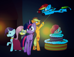 Size: 1003x774 | Tagged: safe, artist:cotarsis, derpibooru import, applejack, fluttershy, pinkie pie, rainbow dash, rarity, twilight sparkle, earth pony, pegasus, pony, unicorn, g4, cake, cutiemarking, food, horn, mane six, mlp fim's fourteenth anniversary