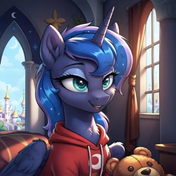 Size: 1024x1024 | Tagged: safe, ai content, derpibooru import, generator:pony diffusion v6 xl, generator:stable diffusion, machine learning generated, princess luna, alicorn, g4, canterlot castle, clothes, ear fluff, ears, hoodie, indoors, makeup, plushie, prompter:thelight3d, solo, teddy bear, window, wings