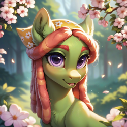 Size: 1024x1024 | Tagged: safe, ai content, derpibooru import, generator:pony diffusion v6 xl, generator:stable diffusion, machine learning generated, tree hugger, earth pony, pony, g4, dreadlocks, flower, forest, nature, outdoors, prompter:teonanakatle, solo, tree