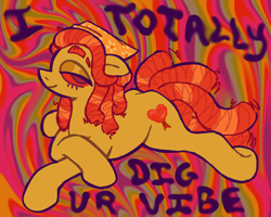 Size: 2028x1624 | Tagged: safe, artist:catponything, derpibooru import, tree hugger, earth pony, g4, crossed hooves, dreadlocks, high, implied drug use, lying down, prone, psychedelic, smiling, solo, sploot, stoned