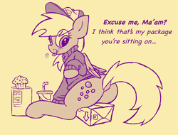 Size: 4040x3072 | Tagged: safe, artist:catponything, derpibooru import, derpy hooves, pegasus, pony, g4, clothes, confused, dialogue, drink, embarrassed, female, flank, food, hat, mailmare, mare, muffin, package, rear view, sitting, solo, sweater