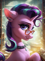 Size: 1024x1408 | Tagged: safe, ai content, derpibooru import, machine learning generated, starlight glimmer, pony, unicorn, g4, book, bookshelf, ear piercing, glasses, horn, indoors, piercing, prompter:ilham470, solo, subsurface scattering