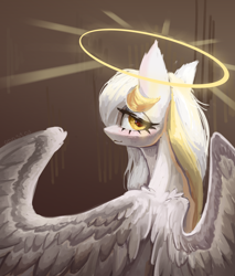 Size: 4000x4700 | Tagged: safe, artist:anastas, derpibooru import, oc, oc only, oc:gold.de, pegasus, pony, gift art, gradient background, halo, looking at you, looking back, solo, sternocleidomastoid