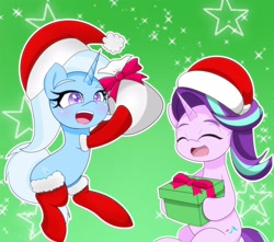 Size: 2048x1807 | Tagged: safe, artist:zeon_starlight, derpibooru import, starlight glimmer, trixie, pony, unicorn, g4, blushing, christmas, duo, duo female, eyes closed, female, gradient background, hat, holiday, horn, mare, open mouth, santa hat