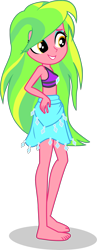 Size: 1484x3829 | Tagged: safe, alternate version, artist:dustinwatsongkx, derpibooru import, lemon zest, human, equestria girls, g4, armpits, bare arms, bare legs, bare shoulders, barefoot, beads, bikini, bikini top, blue eyeshadow, clothes, clothes swap, cute, diamonds, eyeshadow, feet, female, golden eyes, green hair, grin, hand on hip, head turn, how do i look?, makeup, midriff, rarity's blue sarong, rarity's purple bikini, sarong, side view, simple background, skirt, sleeveless, smiling, solo, swimsuit, swimsuit swap, teeth, transparent background, zestabetes