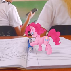 Size: 2048x2048 | Tagged: safe, artist:bonnitryc4d, derpibooru import, pinkie pie, earth pony, human, pony, curious, cute, diapinkes, female, indoors, irl, irl human, mare, micro, pen, photo, ponies in real life, school, tiny, tiny ponies