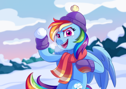 Size: 1754x1240 | Tagged: safe, artist:skysorbett, derpibooru import, rainbow dash, pegasus, pony, g4, backwards cutie mark, clothes, cloud, colored eyebrows, female, hat, hoof hold, mare, my little pony best gift ever, open mouth, outdoors, scarf, sky, snow, snowball, snowball fight, solo, wings, winter, winter outfit