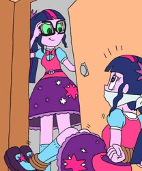 Size: 402x484 | Tagged: safe, artist:bugssonicx, derpibooru import, sci-twi, twilight sparkle, human, equestria girls, g4, bondage, bound and gagged, closet, cloth gag, disguise, disguised changeling, emanata, gag, impostor, indoors, panicking, sci-twi outfits