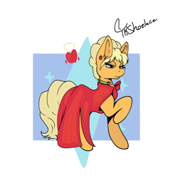 Size: 3708x3771 | Tagged: safe, artist:tkshoelace, derpibooru import, applejack, earth pony, pony, g4, apple, clothes, dress, ear fluff, ear piercing, ears, eyelashes, eyeshadow, fancyjack, female, food, lidded eyes, makeup, mare, passepartout, piercing, raised leg, solo