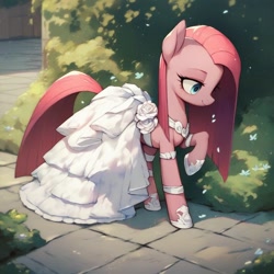 Size: 1024x1024 | Tagged: safe, ai content, derpibooru import, generator:purplesmart.ai, generator:stable diffusion, machine learning generated, pinkie pie, clothes, dress, female, outdoors, pinkamena diane pie, prompter needed