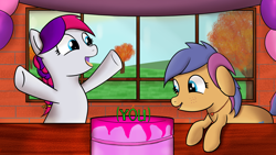 Size: 1920x1080 | Tagged: safe, artist:anonymous, derpibooru import, oc, oc only, oc:kitty love, earth pony, pony, (you), balloon, birthday cake, birthday party, brick wall, cake, candle, drawthread, duo, duo female, earth pony oc, female, female oc, food, indoors, mare oc, orange coat, party, raised hooves, requested art, tree, two toned mane, white coat, window