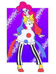 Size: 1030x1366 | Tagged: safe, artist:feralroku, derpibooru import, pinkie pie, human, g4, bow, clothes, clown, clown makeup, clown nose, costume, dressuptober, dressuptober2024, halloween 2024, humanized, mlp fim's fourteenth anniversary, passepartout, red nose, smiling, solo