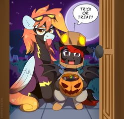 Size: 3767x3600 | Tagged: safe, artist:batavern, derpibooru import, oc, oc only, oc:shadow sky, oc:wind east, bat pony, pegasus, candy, clothes, costume, duo, food, halloween, halloween costume, holiday, moon, night, oc x oc, pumpkin bucket, robot costume, shadowbolts, shadowbolts costume, shipping, wings