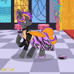 Size: 1500x1515 | Tagged: safe, artist:darkfire036, artist:wh189, derpibooru import, fancy skirt, fancypants, oc, oc only, oc:bright wings, bat pony, pony, ball room, clothes, concerned, confused, dress, heels on a horse, high heels, hooves, indoors, looking back, raised hoof, raised leg, rule 63, shoes, skirt, solo