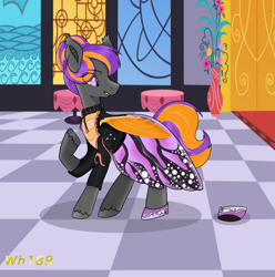 Size: 1500x1515 | Tagged: safe, alternate version, artist:darkfire036, artist:wh189, derpibooru import, fancy skirt, fancypants, oc, oc only, oc:bright wings, bat pony, pony, ball room, clothes, concerned, confused, dress, heels on a horse, high heels, hooves, indoors, looking back, raised hoof, raised leg, rule 63, shoes, skirt, solo