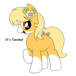 Size: 1024x1024 | Tagged: safe, derpibooru import, oc, oc only, oc:tuesday, pony, g4, drawthread, female, female oc, flower, flower in hair, looking at you, mare, mare oc, open mouth, open smile, ponified, pony oc, raised hoof, raised leg, requested art, simple background, smiling, solo, species swap, transparent background, weekday ponies