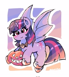 Size: 1833x2048 | Tagged: safe, artist:leo19969525, derpibooru import, twilight sparkle, twilight sparkle (alicorn), alicorn, bat pony, bat pony alicorn, g4, bat ponified, bat wings, female, halloween, holiday, horn, jack-o-lantern, looking at you, mare, passepartout, pumpkin, race swap, red eyes, smiling, solo, spread wings, twibat, wings