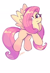 Size: 1418x2048 | Tagged: safe, artist:leo19969525, derpibooru import, fluttershy, pegasus, pony, g4, cute, female, flying, hair over one eye, mare, shyabetes, simple background, solo, spread wings, white background, wings