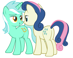 Size: 6000x4777 | Tagged: safe, alternate version, artist:fluffytuli, derpibooru import, bon bon, lyra heartstrings, sweetie drops, earth pony, pony, unicorn, g4, absurd resolution, artifact, bedroom eyes, best friends, bon butt, butt, duo, duo female, female, grin, horn, lesbian, looking at each other, looking at someone, lyrabon, plot, shipping, simple background, smiling, transparent background, vector