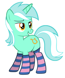 Size: 3986x4777 | Tagged: safe, artist:fluffytuli, derpibooru import, lyra heartstrings, pony, unicorn, g4, absurd resolution, artifact, bedroom eyes, clothes, female, grin, horn, implied bon bon, implied lesbian, implied lyrabon, implied shipping, mare, simple background, smiling, socks, solo, striped socks, transparent background, vector