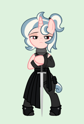 Size: 2480x3668 | Tagged: safe, artist:return 0, derpibooru import, oc, oc only, oc:vivi poff, pony, unicorn, clothes, horn, show accurate, solo, sword, weapon