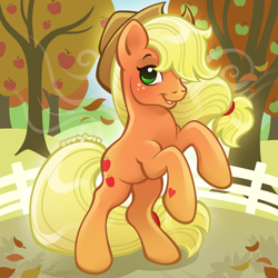 Size: 2400x2400 | Tagged: safe, artist:sparkytopia, derpibooru import, applejack, earth pony, pony, g4, apple, apple tree, applejack's hat, autumn, breeze, clothes, cowboy hat, eyebrows, female, freckles, gradient legs, green eyes, hair tie, hat, hoof heart, leaves, looking at you, mare, orange coat, outdoors, rearing, signature, smiling, solo, sweet apple acres, tree, yellow hair