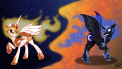 Size: 8820x4961 | Tagged: safe, artist:memprices, derpibooru exclusive, derpibooru import, daybreaker, nightmare moon, alicorn, pony, g4, 1080p, angry, armor, concave belly, duo, duo female, ears back, ethereal mane, ethereal tail, evil sisters, evil smile, female, frown, grin, gritted teeth, helmet, high res, hoof shoes, jaws, lineart, looking at each other, looking at someone, mare, mlp fim's fourteenth anniversary, nightmare night, peytral, princess shoes, raised hoof, raised leg, rivalry, shading, shadow, siblings, sisters, slender, smiling, solo, spread wings, standing, starry mane, starry tail, tail, teeth, thin, wallpaper, wings