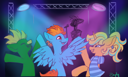 Size: 3500x2120 | Tagged: safe, artist:saphypone, derpibooru import, oc, oc only, oc:samudash, earth pony, pegasus, pony, unicorn, dancing, horn, indoors, microphone, spread wings, wings