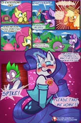 Size: 2697x4096 | Tagged: safe, artist:yellowcyann, derpibooru import, applejack, fluttershy, pinkie pie, rainbow dash, rarity, spike, twilight sparkle, anthro, dragon, earth pony, pegasus, unicorn, comic:rarity's gift, horn, mane six, outdoors