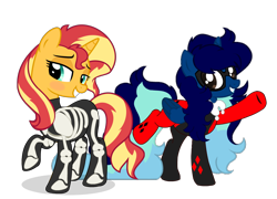 Size: 996x718 | Tagged: safe, artist:calibykitty, artist:darktailsko, artist:n0kkun, derpibooru import, oc, oc:midnight specter, alicorn, pony, unicorn, alicorn oc, bedroom eyes, blushing, bone, clothes, cosplay, costume, dc comics, duo, duo female, female, grin, halloween, harley quinn, holiday, horn, jester, mare, mask, mlp fim's fourteenth anniversary, nightmare night, raised hoof, raised leg, simple background, skeleton, skeleton costume, smiling, transparent background, wings