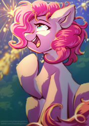 Size: 724x1024 | Tagged: safe, artist:chaosangeldesu, derpibooru import, pinkie pie, earth pony, pony, cute, female, fireworks, hair over one eye, happy, mare, open mouth, open smile, outdoors, raised leg, sitting, smiling, solo