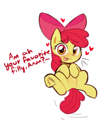 Size: 1360x1533 | Tagged: safe, artist:ccruelangel, derpibooru import, apple bloom, earth pony, pony, g4, :3, adorabloom, bow, cute, female, filly, foal, heart, hooves, looking at you, open mouth, orange eyes, question mark, raised hoof, raised leg, red hair, solo, talking to viewer, yellow body