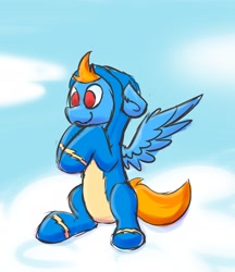 Size: 2092x2416 | Tagged: safe, artist:exobass, derpibooru import, oc, oc only, oc:samudash, pegasus, pony, cloud, on a cloud, onesie, outdoors, sitting, sitting on cloud, solo, spread wings, wings, wonderbolts