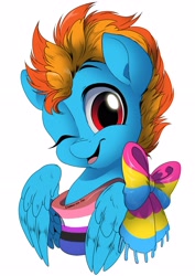 Size: 2480x3507 | Tagged: safe, artist:dormin-dim, derpibooru import, oc, oc only, oc:samudash, pegasus, pony, bust, genderfluid pride flag, looking at you, one eye closed, pansexual pride flag, pride, pride flag, pride month, simple background, solo, white background, wink