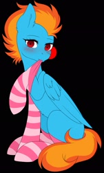 Size: 1241x2048 | Tagged: safe, artist:torihime, derpibooru import, oc, oc only, oc:samudash, pegasus, pony, black background, clothes, looking at you, mouth hold, simple background, sitting, socks, solo