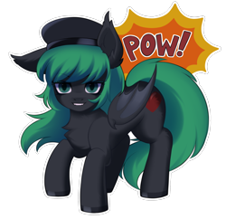 Size: 2014x1946 | Tagged: safe, artist:alunedoodle, derpibooru import, oc, oc only, oc:admiral valey, bat pony, pony, fanfic:the olden world, fangs, female, fighting stance, folded wings, hat, looking at you, simple background, smiling, smiling at you, solo, transparent background, wings