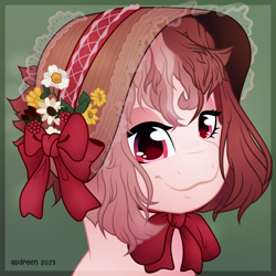 Size: 9000x9000 | Tagged: safe, artist:audreen, derpibooru import, oc, oc only, oc:bitter sweet, bust, hat, passepartout, portrait, signature, solo