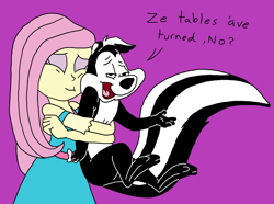 Size: 1950x1447 | Tagged: safe, artist:bugssonicx, derpibooru import, fluttershy, human, skunk, equestria girls, g4, duo, eyebrows, eyes closed, hug, looking at you, open mouth, pepe le pew, raised eyebrow, smiling