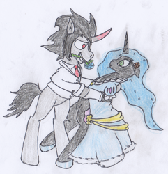 Size: 750x777 | Tagged: safe, artist:da52, derpibooru import, king sombra, nightmare moon, alicorn, unicorn, g4, blue rose, clothes, dancing, dress, ears, female, floppy ears, flower, flower in mouth, flower on ear, horn, male, mare, mouth hold, rose, rose in mouth, shipping, sombramoon, straight, suit, surprised face, traditional art, tuxedo, white suit, white tuxedo