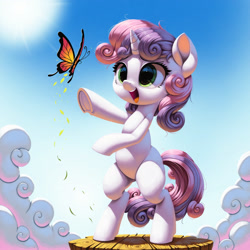 Size: 2048x2048 | Tagged: safe, ai content, derpibooru import, generator:stable diffusion, machine learning generated, sweetie belle, butterfly, pony, unicorn, g4, anonymous prompter, bipedal, blank flank, blue sky, cloud, female, filly, foal, green eyes, happy, hooves, horn, open mouth, open smile, outdoors, reaching, smiling, solo, standing, sun, white coat