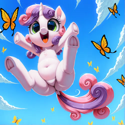 Size: 1736x1736 | Tagged: safe, ai content, derpibooru import, generator:stable diffusion, machine learning generated, sweetie belle, butterfly, pony, unicorn, g4, anonymous prompter, belly, belly button, blue sky, butt, chest fluff, cloud, dock, featureless crotch, female, filly, foal, green eyes, happy, hooves, horn, jumping, low angle, open mouth, outdoors, plot, plump, pubic mound, solo, spread legs, spreading, tail, underhoof, white coat