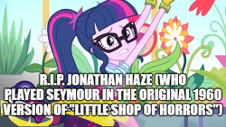 Size: 686x386 | Tagged: safe, derpibooru import, edit, edited screencap, editor:lord you know who, screencap, sci-twi, twilight sparkle, better together, equestria girls, g4, my little shop of horrors, barely eqg related, in memoriam, little shop of horrors, obligatory equestria girl, outdoors, rest in peace