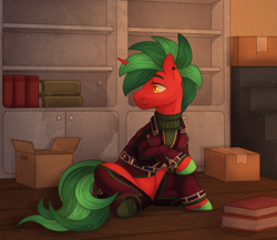 Size: 2300x2000 | Tagged: safe, artist:dereketto, derpibooru import, oc, oc only, oc:purple trove, pony, unicorn, book, bookshelf, boxes, horn, indoors, outfit, sitting, solo