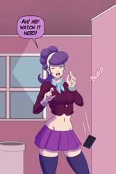 Size: 2000x3000 | Tagged: safe, artist:annon, derpibooru import, part of a set, suri polomare, human, equestria girls, g4, clothes, dialogue, indoors, jewelry, midriff, miniskirt, phone, skirt, stockings, thigh highs