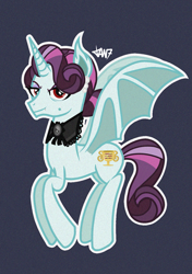 Size: 1039x1476 | Tagged: safe, artist:tantann_7, derpibooru import, principal abacus cinch, bat pony, pony, g4, bat ponified, bat pony cinch, equestria girls ponified, female, horn, mare, ponified, race swap, red eyes, solo, species swap